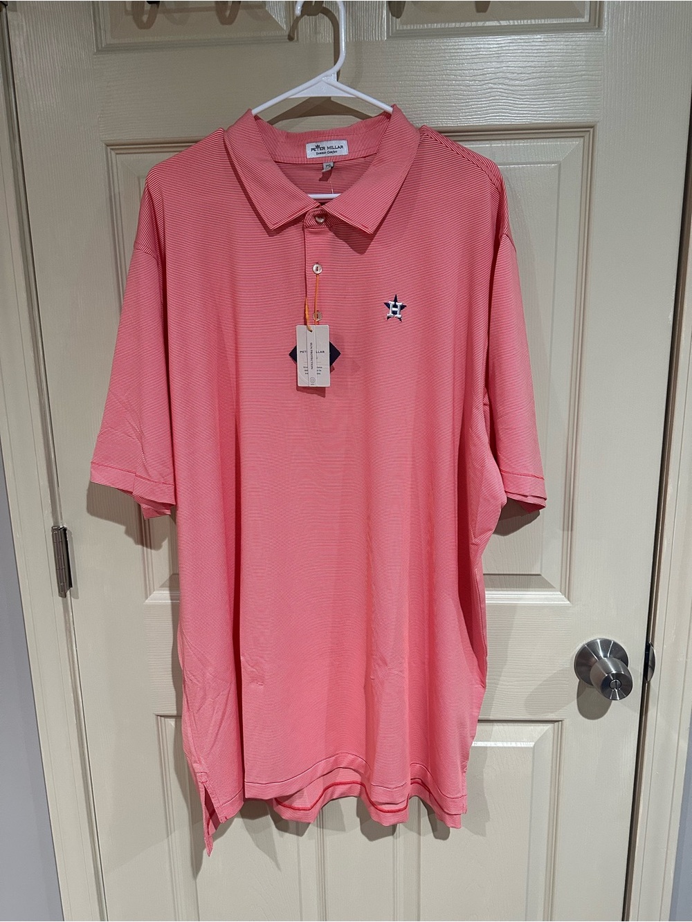 Peter Millar Stripe Polo with Embroidered Houston Astros Logo Orange Jubilee